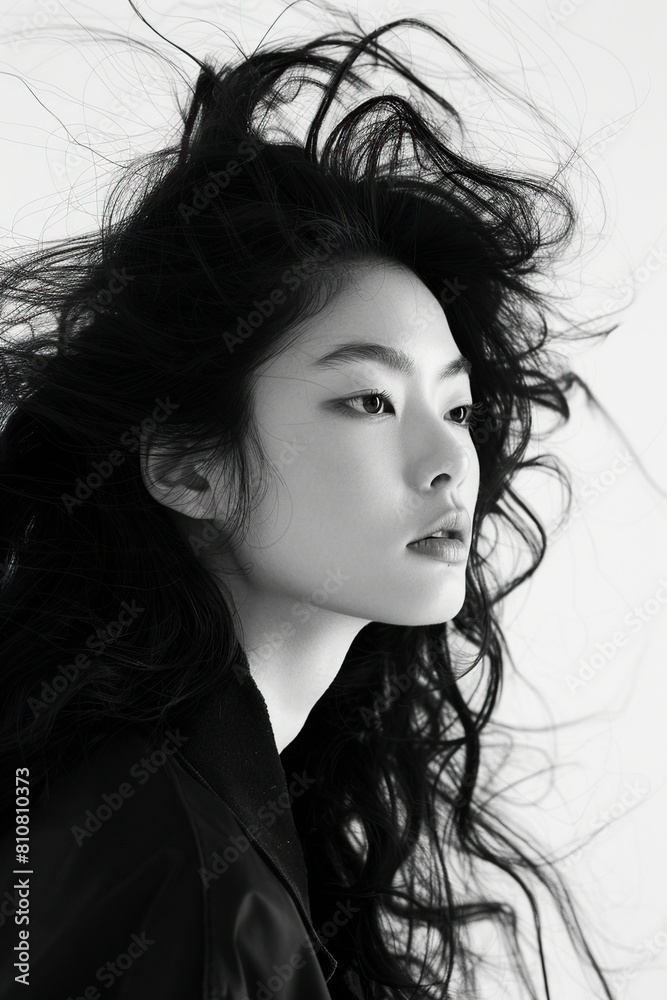 Stylish Woman With Long Black Hair.Black and White