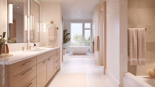 bathroom interior  Elegant urban bathroom design. Complete bathroom design idea . Bathroom with tiles. Bathtub and vanity