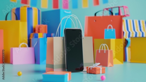 Scatole di pacchetti nel carrello con smartphone, concetto di spedizione prodotti tramite shopping online photo