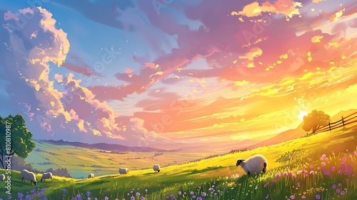 A tranquil countryside scene with rolling hills, grazing sheep, and a colorful sunrise painting the sky.