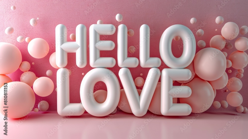 A playful and romantic 3D rendering of the phrase 'Hello Love' with a bubbly pink background adding a whimsical touch A playful and romantic 3D rendering of the phrase 'Hello Love' with a bubbly pink background adding a whimsical touch