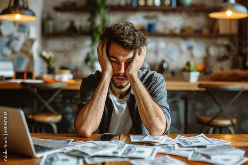 Stressed young man surrounded by money at workplace © standret