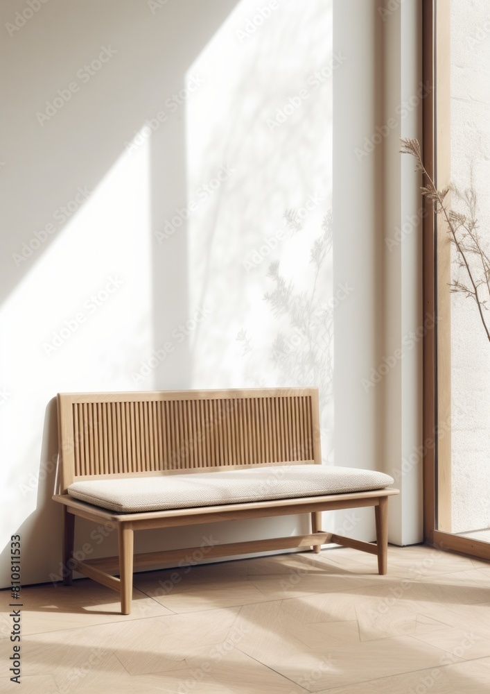 A clean, minimalist wooden bench basks in natural sunlight beside a window, evoking warmth and simplicity A clean, minimalist wooden bench basks in natural sunlight beside a window, evoking warmth and simplicity