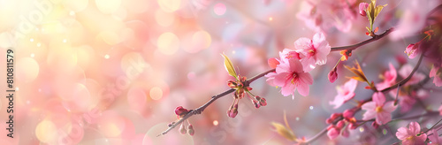 Beautiful spring banner with pink cherry blossoms