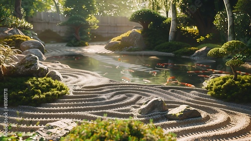 A tranquil zen garden with a raked sand pattern, moss-covered rocks, and a serene koi pond reflecting the surrounding trees. photo