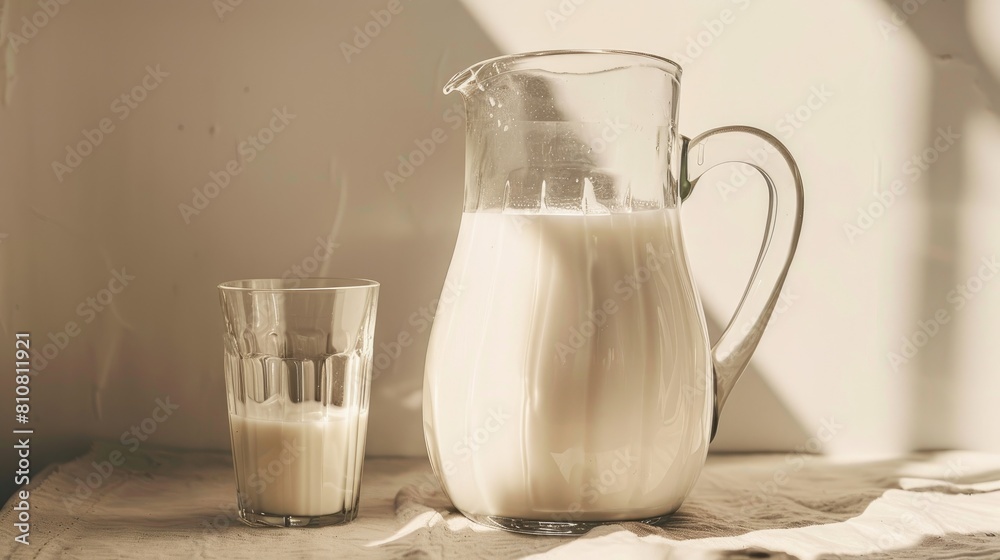 Imagine a picturesque scene for World Milk Day with a classic jug of milk and a glass elegantly set on a table against a clean white backdrop leaving ample room for additional content Imagine a picturesque scene for World Milk Day with a classic jug of milk and a glass elegantly set on a table against a clean white backdrop leaving ample room for additional content
