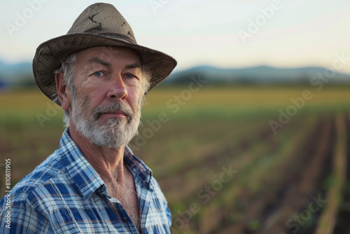 Middle-aged man in cowboy hat on a farm at sunset