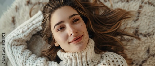 A beautiful young woman with light brown hair wearing a white woolen sweater looks up and smiles charmingly in a bright living room.