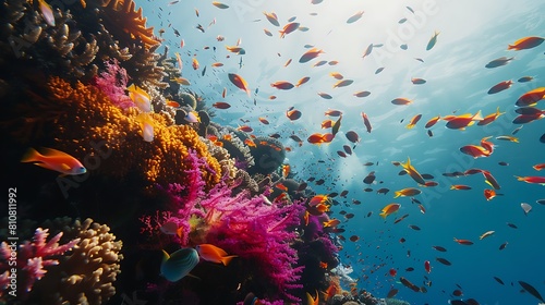 A vibrant coral reef teeming with marine life, with colorful fish darting among the coral formations in crystal-clear waters.