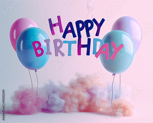 A vibrant image showcasing Happy Birthday spelled out in bold letters with floating balloons and dramatic smoke effects photo