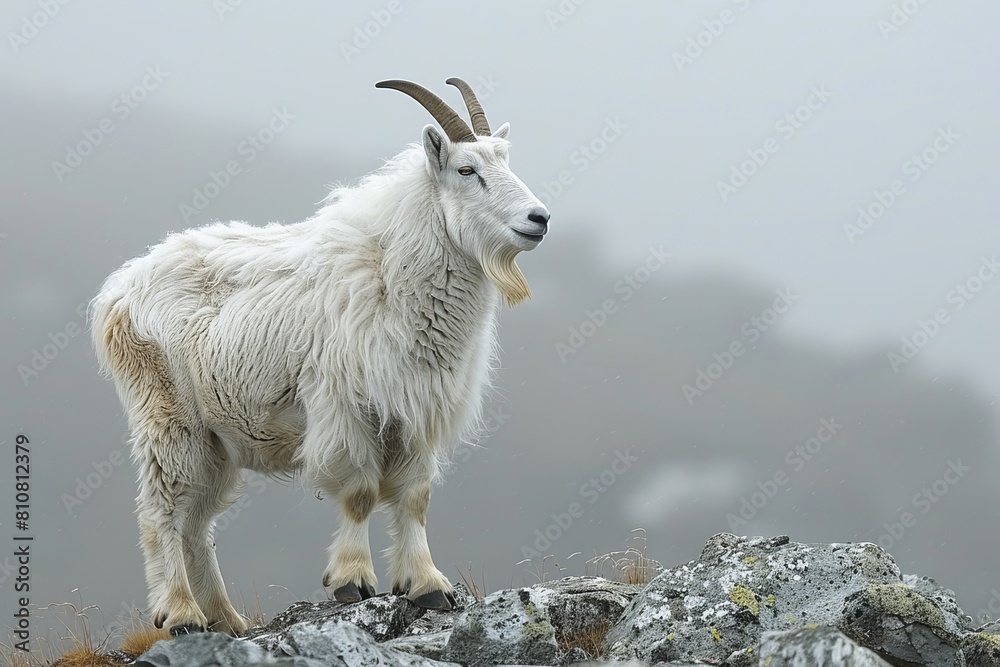 Fototapeta premium Majestic white mountain goat standing atop rocks with a soft, foggy background highlighting its elegance