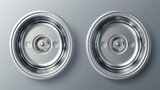 3d double metal sinks isolated on transparent background. Modern realistic set of empty steel wash basins with mixer, drain, and utensil drainer.