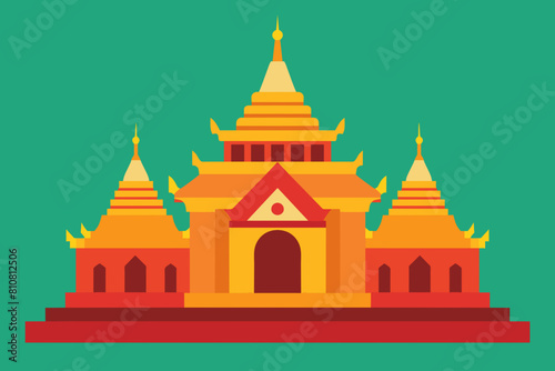 Thai temple vector illustration, flat style. Isolated on green background.