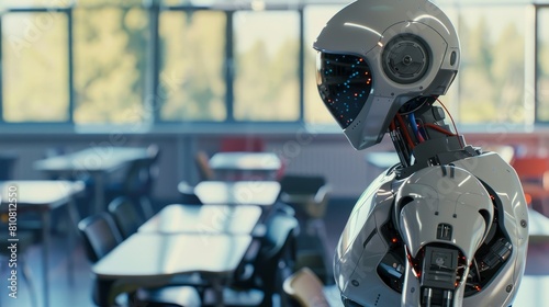 Scena futuristica in cui un insegnante robot sostituisce un insegnante umano in classe, con gli alunni che lo ascoltano photo