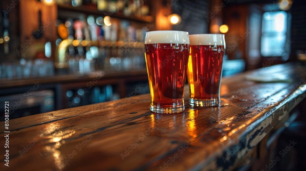Close up of two pints of beer placed on the wooden bar counter against pub interior on background Close up of two pints of beer placed on the wooden bar counter against pub interior on background