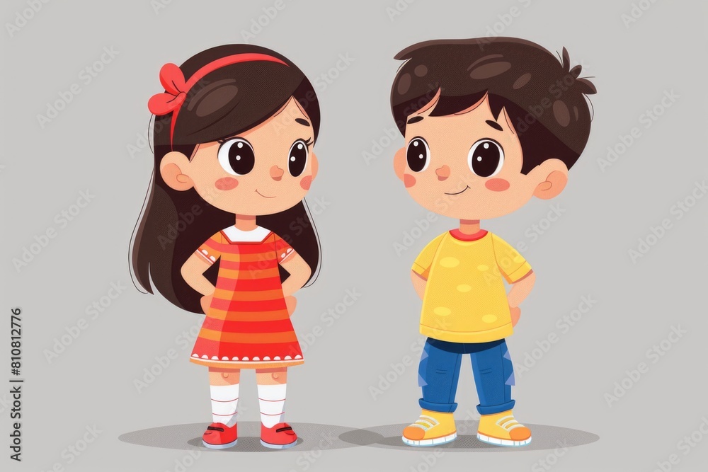Cute Cartoon Boy and Girl Standing Together