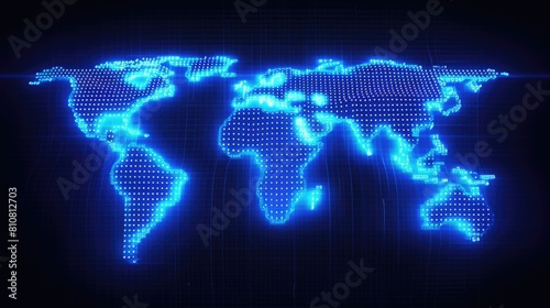 Neon Blue World Map on Digital Background