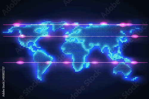 Futuristic Blue Neon World Map with Digital Grid