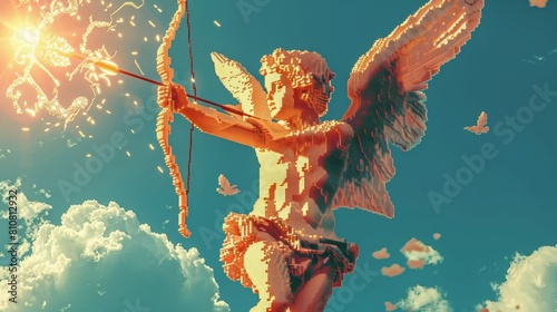 High-resolution image of a pixelated cupid aiming his bow, preparing to shoot a digital arrow --ar 16:9 Job ID: 8b067118-8183-4255-8bf4-acc1ce361279