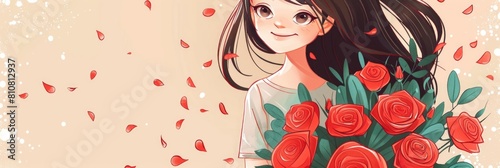 Young Girl Holding a Bouquet of Red Roses  Cartoon Illustration