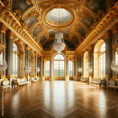 Large floor and a large window may be found in the golden palace's ballroom. Neoclassical design in an opulent rococo-baroque environment. Versailles Palace, a ballroom backdrop, and intricate classic