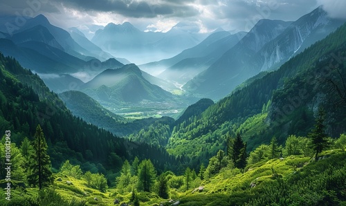 View of the Soca Valley, with forests and mountains. Soca Valley, Slovenia photo