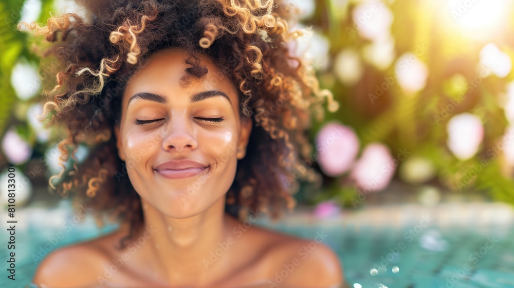 Woman sitting in spa hotel pool enjoying her relax self-love time outdoors on sunny day Woman sitting in spa hotel pool enjoying her relax self-love time outdoors on sunny day