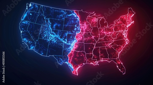 USA Map Illustrated in Red and Blue Neon Glow photo