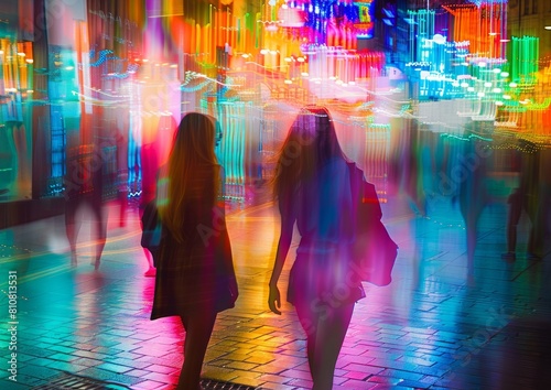 An artistic rendering of nightlife with two figures and vibrant light trails creating a blur effect, setting an urban mood photo