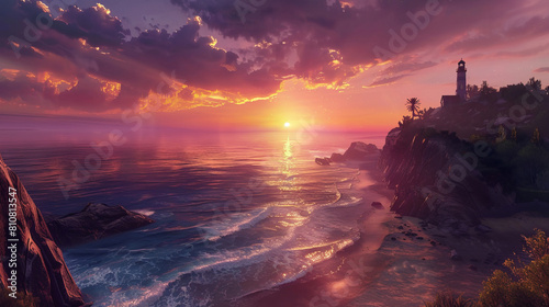 Dramatic sunset view at Arcadia Bay with lighthouse and ocean photo