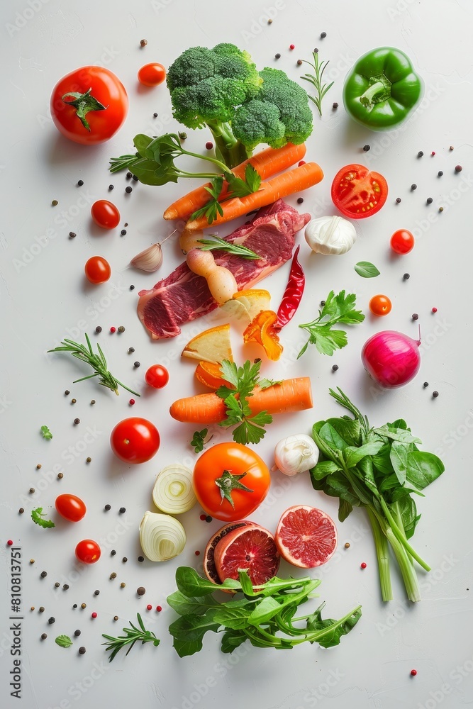 This image shows a mix of colorful vegetables, meats, and spices artfully scattered, portraying a fresh and healthy meal preparation scene This image shows a mix of colorful vegetables, meats, and spices artfully scattered, portraying a fresh and healthy meal preparation scene