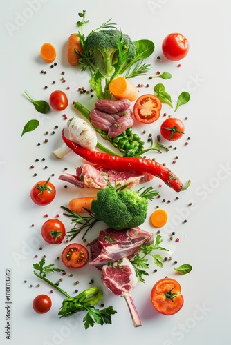 Colorful food ingredients beautifully arranged in a vertical gradient, showcasing a variety of fresh produce and meats