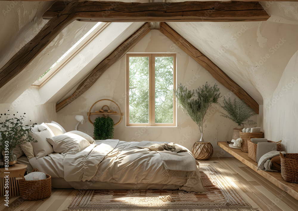 Cozy attic bedroom with wooden beams, skylight, and minimalist decor Cozy attic bedroom with wooden beams, skylight, and minimalist decor
