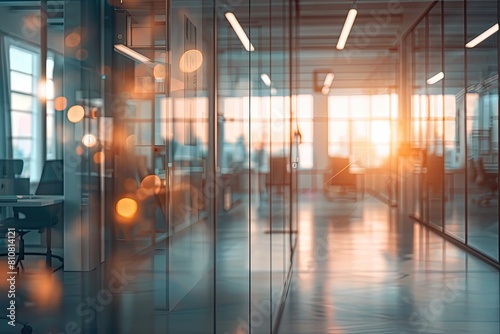 a hallway in an office building with a lot of windows and people walking down it