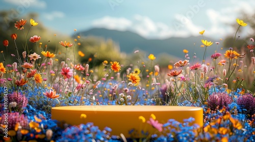 yellow podium on beautiful wildflowers background, for product presentation