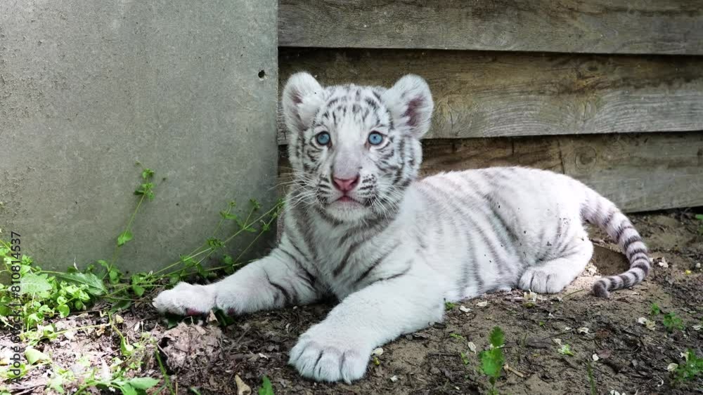 Young white tiger cub sitting on the floor and playing Young white tiger cub sitting on the floor and playing