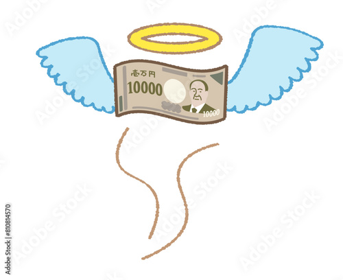 お金に羽が生えて飛んでいくイメージのイラスト（お札のデザインは2024年改訂の日本の新札です）