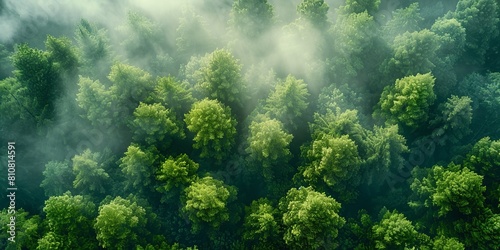 Misty Forest Aerial Photograph with Pine Trees. Foggy, Atmospheric Nature Background.