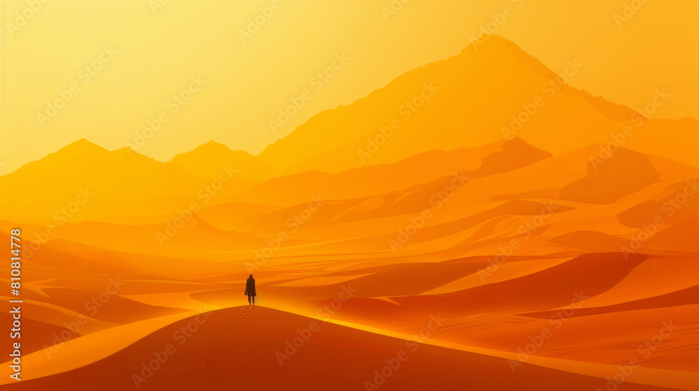 Solitary figure walking through vast desert landscape