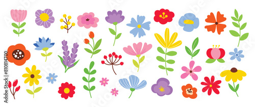 Collection of spring colorful flower elements vector. Set floral of wildflower, leaf branch, foliage on white background. Hand drawn blossom illustration for decor, easter, sticker, clipart, print.