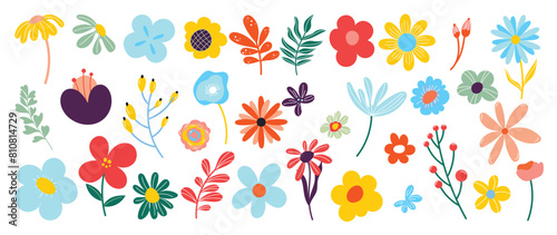 Collection of spring colorful flower elements vector. Set floral of wildflower, leaf branch, foliage on white background. Hand drawn blossom illustration for decor, easter, sticker, clipart, print.