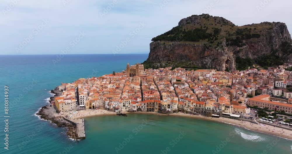 Cefalu, Sicilian Coastal Town in Italy - Aerial Boom Shot Cefalu, Sicilian Coastal Town in Italy - Aerial Boom Shot