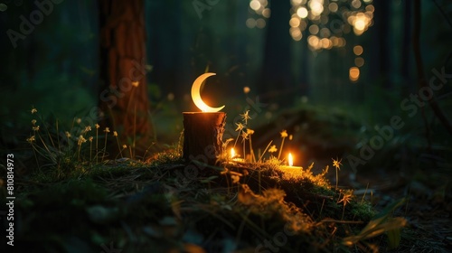 In pagan Wiccan and Slavic traditions for Litha candles and the moon symbolize mystical practices in a dark forest setting This includes witchcraft esoteric rituals and magical ceremonies a photo