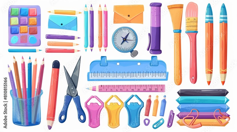 Supplies and stationery, learning items colored pencils, paints and brushes, glue, ruler and scissors with compass, marker and palette with paper clips or pins, Cartoon modern illustration. Supplies and stationery, learning items colored pencils, paints and brushes, glue, ruler and scissors with compass, marker and palette with paper clips or pins, Cartoon modern illustration.