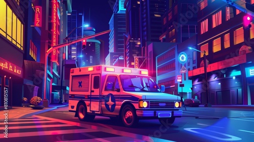 Medical ambulance riding empty city street with buildings, glowing neon signs and traffic lights. Cartoon illustration showing emergency medicine service. photo