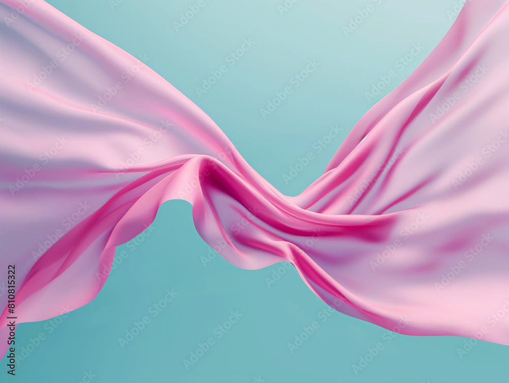 Abstract pink and white fabric waves on a soft blue background. Fluid art and elegance concept. Design for modern art print, wallpaper, and fabric design. Smooth texture and dynamic flow composition.