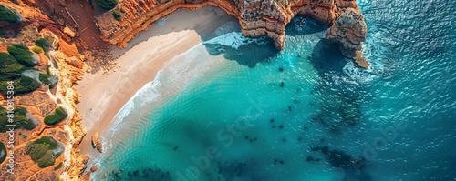 Aerial view of Praia do Vale Espinhaco beach with stunning blue ocean and greenery, Algarve, Portugal.