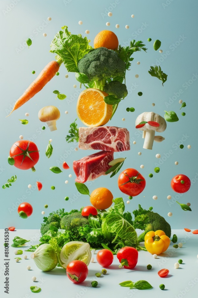 A colorful and well-arranged display of ingredients suspended in mid-air on a light background A colorful and well-arranged display of ingredients suspended in mid-air on a light background