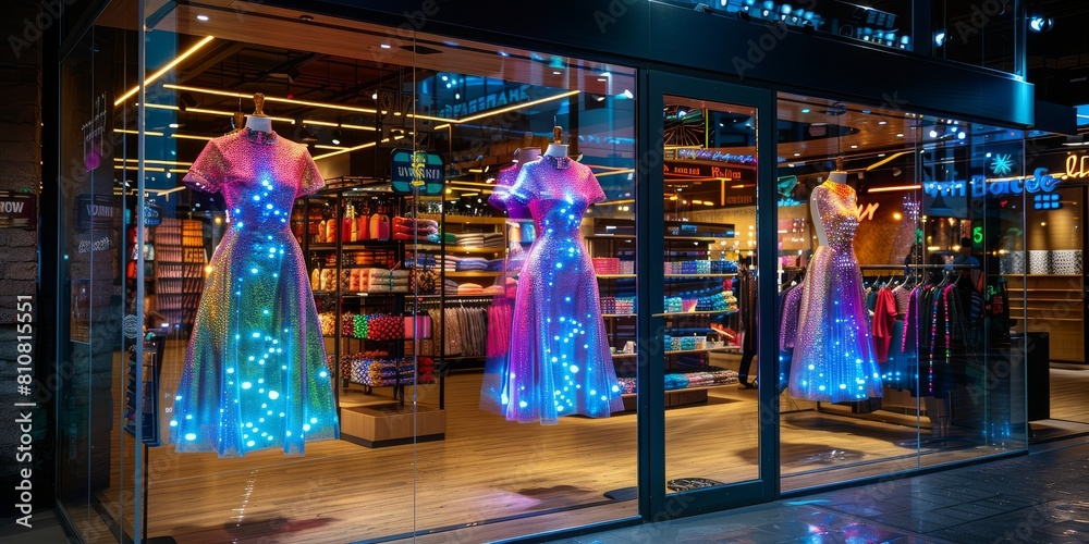 A dreamlike virtual storefront for haute couture smart fabrics, where dresses billow with holographic augmented reality patterns
