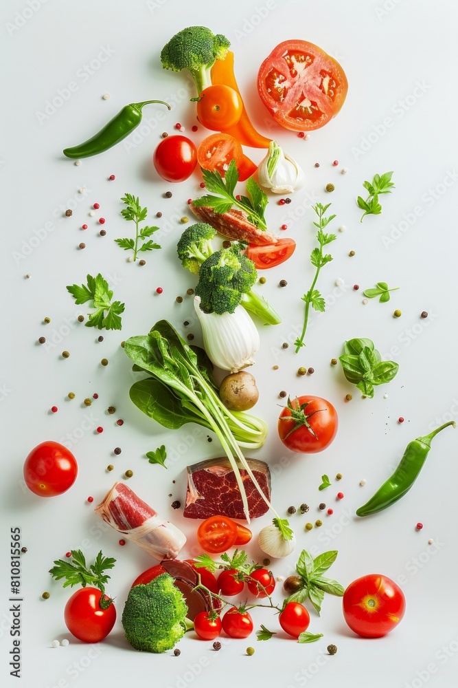 Fresh vegetables, herbs, and pieces of raw meat creatively suspended in mid-air, forming a vertical line Fresh vegetables, herbs, and pieces of raw meat creatively suspended in mid-air, forming a vertical line